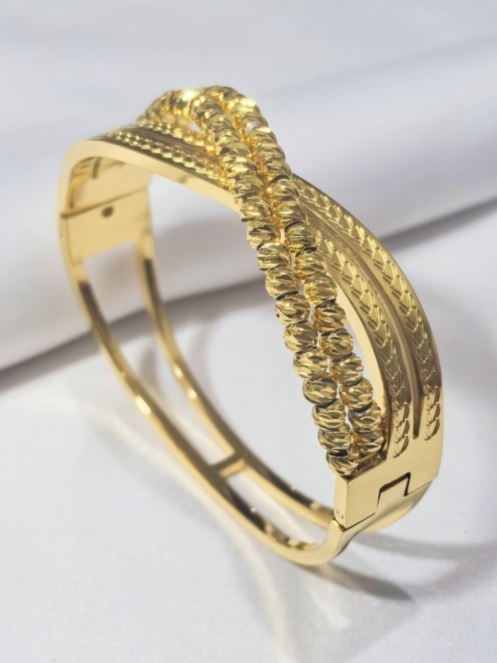 18k Gold Plated Textured Crossover Bangle Bracelet Jewelry Gold Bead Accent